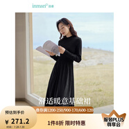 茵曼（INMAN）燈芯絨連衣裙春秋女裝新品長袖休閑針織禮服中長裙子 午夜黑-18348727 S