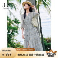 玖姿·安娜蔻優(yōu)雅民族風多層雪紡蛋糕裙收腰連衣裙女2025夏季新款 花紋藍色 2XL