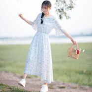 京心選白色碎花裙長(zhǎng)裙雪紡洋裝仙女顯高顯瘦氣質(zhì)裙子女夏季學(xué)生小清新 白色短袖 XL
