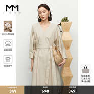 麥檬MM商場(chǎng)同款春新純棉卡其v領(lǐng)法式氣質(zhì)收腰通勤九分袖連衣裙女 淺卡其 M