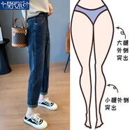 莫代爾哈倫牛仔褲女2025春秋季新款卷邊高腰顯瘦百搭蘿卜老爹褲 藍灰色加絨 加絨 S