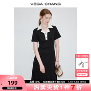 VEGA CHANG高級感連衣裙女夏季小個子撞色POLO領英倫風收腰顯瘦通勤小黑裙子 赫本黑（長款） L