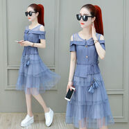 冰洋紅夏季女裝2025新款潮韓版氣質(zhì)雪紡小個(gè)子中長(cháng)款夏碎花仙女連衣裙女 藍色 L