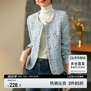尚都比拉秋季粗花呢小香風(fēng)外套女短款休閑百搭小個(gè)子女裝 藍(lán)色 L 