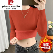 皮爾卡丹（pierre cardin）秋冬季加絨加厚毛衣女一體絨圓領(lǐng)內搭打底針織衫修身大尺碼保暖上 銹紅色（低圓領(lǐng)） M 建議90-100斤
