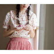 xcfreht法式甜美少女波點(diǎn)刺繡邊翻領(lǐng)襯衫花邊領(lǐng)短袖上衣夏新款 襯衫 S