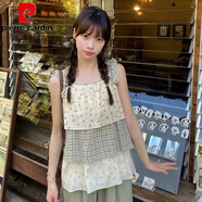 皮爾卡丹碎花格紋拼接蛋糕綁帶吊帶背心女2025夏季新款外穿無袖上衣 上衣吐司 S 85-105