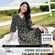 尚都比拉度假風(fēng)碎花連衣裙女夏天V領(lǐng)氣質(zhì)中長裙收腰A字雪紡裙子 黑花  2XL