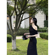 冉藝嵐同款收腰氣質(zhì)褶皺連衣裙子女裝夏季法式小禮服長裙連身裙衣服 黑色_長款 XS