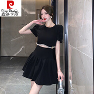 皮爾卡丹（pierre cardin）感輕奢重工鑲鉆連衣裙女夏鏤空設(shè)計(jì)假兩件泡泡袖百褶蓬蓬短裙 黑色短袖 L