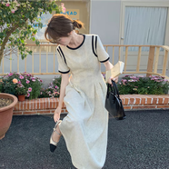 衣品元純色連衣裙女撞色圓領(lǐng)2025年夏季新款法式設(shè)計(jì)感修身顯瘦氣質(zhì)百搭 杏色 L （100-120斤）