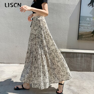 LISCN雪紡碎花半身裙女2024夏季高級感皺皺絲松緊高腰中長(cháng)款遮胯a字裙 杏色 S