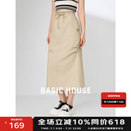 BASIC HOUSE/百家好高腰時尚a字工裝裙2024夏季新款中長款抽繩黑色半身裙女 豆綠 M