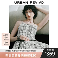UR【明星同款】2025夏季新款女裝撞色花苞吊帶連衣裙UYV750045 米白格子 S