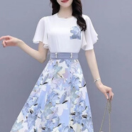 納琳雅Nalinya雪紡連衣裙女2025夏季女裝新款時(shí)尚顯瘦T恤碎花高腰半身裙 上衣藍色【單件】 M 90-100斤