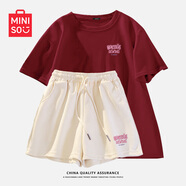 名創(chuàng  )優(yōu)品（MINISO）運動(dòng)套裝女夏季2026年新款純棉短袖小個(gè)子休閑夏裝搭配一整套女裝 酒紅+奶白(粉墨) XL (體重130-150斤)