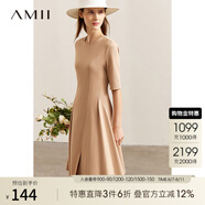 AMII2025秋新款極簡優(yōu)雅純色套頭圓領(lǐng)羅馬布修身開衩A字連衣裙女 卡其 165/88A/L