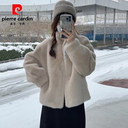 皮爾卡丹皮毛一體秋冬季新款水貂絨外套女短款保暖立領(lǐng)環(huán)保獺兔毛時尚外套 杏色 M 108-122斤