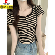 皮爾卡丹條紋短袖t恤女夏季2025新款半開圓領顯瘦小個子正肩體恤上衣 黑色 【半開領】 S 【建議95斤以下】