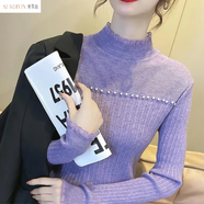 愛(ài)葵茵2025春秋季新款打底衫女毛衣半高領(lǐng)修身蕾絲內搭針織衫上衣打底衣 紫色 M 90-100斤