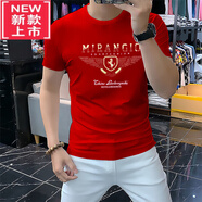 PLAYYOUNG國際品牌男裝新款高端2024夏季棉質(zhì)短袖男ins修身上衣燙鉆潮流男 紅色YCS16馬T恤 M 90-110斤