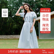 茵曼度假風(fēng)腰繩收腰連衣裙夏季女裝百搭溫柔燈籠袖氣質(zhì)長(zhǎng)裙淺藍(lán)色  XL