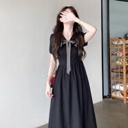 熒蒂（YINGDI）法式復古黑色娃娃領(lǐng)連衣裙子女夏季2025年新款感收腰顯瘦長裙 【黑色】 M