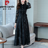 皮爾卡丹（pierre cardin）2025春秋新款修身顯瘦長(zhǎng)袖提花雪紡連衣裙女時(shí)尚氣質(zhì)大擺超仙長(zhǎng)裙 黑色 M