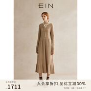 EIN言靜奢風(fēng)綿羊毛綁帶蝴蝶結撞料收腰氣質(zhì)針織連衣裙24秋季新款 淺杏 M