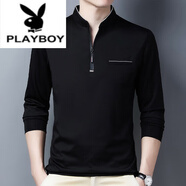 花花公子（PLAYBOY）純棉長袖T恤男休閑薄 款體恤上衣夏春秋冬季中年男裝立領(lǐng)打底 長袖6625黑色 薄款 3XL 185建議170-190斤