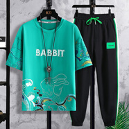 麥潮尚青少年男孩裝初中高中學(xué)生夏季潮流大童衣服短袖T恤長褲套裝 M1036綠+6688冰絲褲 M 70-90斤