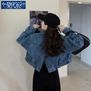 莫代爾小個(gè)子短款牛仔外套女2025年春秋寬松ins潮后開衩休閑百搭上衣女 藍(lán)色 M