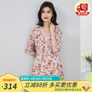 金菊夏季桑蠶絲100%V領(lǐng)拼接蕾絲荷葉邊新款碎花小個子女式連衣裙 粉色 2XL (175/96A)