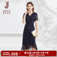 經(jīng)典故事（JANE STORY）高級(jí)感法式雪紡連衣裙女2025新款夏季復(fù)古茶歇裙氣質(zhì)v領(lǐng)碎花裙子 M73深藍(lán)白花 M