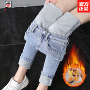 AEMAPE冬季新款彈力高腰加絨牛仔褲女加厚韓版小腳長(cháng)褲子保暖外穿女緊身 淺白色 加絨 25 建議70-80斤