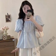 茶小阿2025寬松小清新方領(lǐng)短袖上衣襯衫甜美氣質(zhì)時尚泡泡袖褶皺T恤 主圖款 L 建議100-120斤