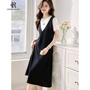 clotho Rennie品牌女裝假兩件連衣裙女中長款2025夏季新款時尚休閑撞色拼接裙子 黑白色 L