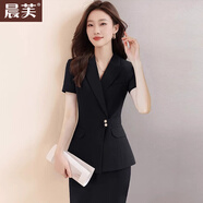 晨芙時(shí)尚西裝套裝女夏薄款酒店前臺工裝美容院珠寶店職業(yè)裝氣質(zhì)工作服 黑色西裝+九分褲 3XL 建議130-140斤