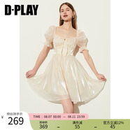 DPLAY2025夏氣質宮廷風白色連衣裙女蝴蝶結沙灘裙荷葉邊裙子 短裙-奶油杏 L