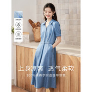 茵曼（INMAN）時(shí)尚復(fù)古連衣裙女夏季翻領(lǐng)寬松A字燈籠袖長(zhǎng)裙 牛仔藍(lán)-新 L