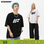 viishow潮牌百搭T恤男生夏季美式印花百搭短袖高街痞帥寬松上衣服 黑色 2XL