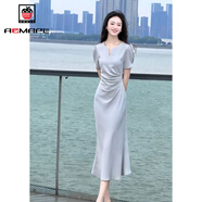 AEMAPE法式氣質(zhì)名媛高端2025淺藍色連衣裙夏季女神范感端莊大氣正式場合 淺藍色連衣裙 L 【建議105-115斤】
