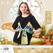 兩三事 迷蝶把戲 夏季新款時尚印花蝴蝶結(jié)拼接純棉短袖t恤女 黑色 M
