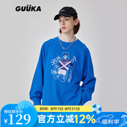 古由卡（GUUKA）潮牌重磅長袖t恤男士純棉拼接毛邊青少年體恤插肩袖印花廓形寬松 寶石藍 S