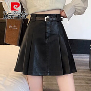 皮爾卡丹小個子高腰黑色皮裙半身裙女2025秋冬新款百搭a字裙PU皮百褶短裙 黑色(版) 【帶安全褲】 S