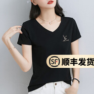 幻黛（HUANDAI）短袖t恤女夏季女裝新款年打底衫品牌純色女士短袖繡花V領(lǐng)t恤 黑色S8220102 3XL 【建議130-145斤】