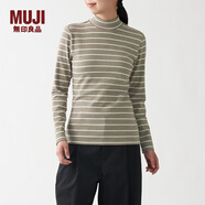 無(wú)印良品 MUJI 女式 彈力羅紋編織 半高領(lǐng)長(zhǎng)袖T恤 BBM02A1A 打底衫 米白色條紋 M