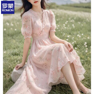 羅蒙粉色碎花連衣裙女溫柔風(fēng)茶歇法式高端絕美初戀氣質(zhì)收腰仙女連衣裙 粉色 M 建議95-115斤