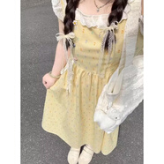 棉致法式初戀風(fēng)連衣裙女夏季新款碎花波點(diǎn)設計顯瘦小個(gè)子甜美收腰長(cháng)裙 黃色印花拼接【連衣裙】 S 85-95斤