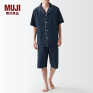 無(wú)印良品（MUJI）男式 無(wú)側(cè)縫泡泡紗短袖睡衣男士家居服套裝男款夏季純棉全棉 深藏青色 M